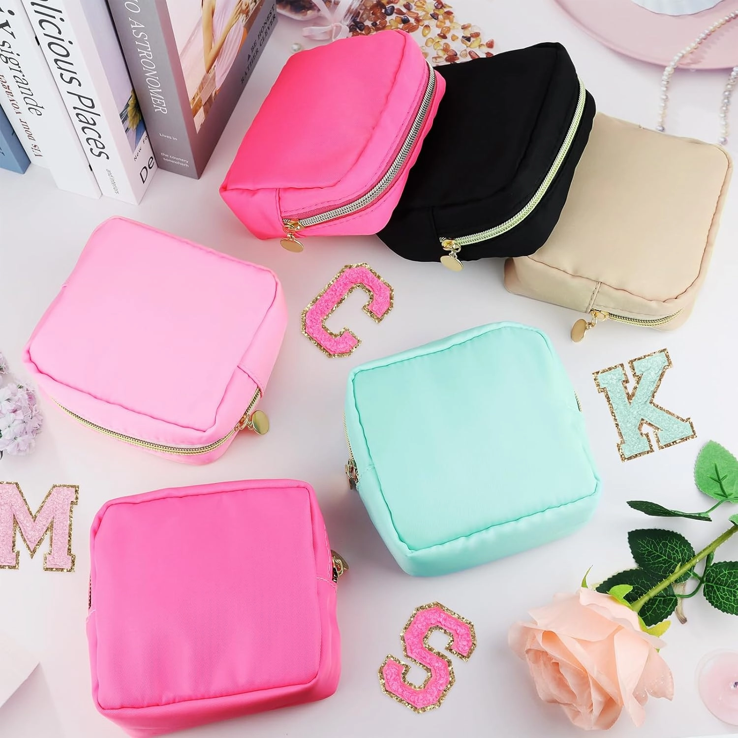 Giesiery 16 Pcs Preppy Makeup Bag Bulk Mini Nylon Cosmetic Bag Blank DIY Craft Zipper Pouches for Makeup Cosmetic Toiletry Stationary Storage Purse Preppy Party Favors