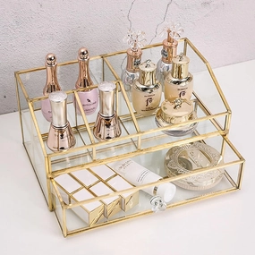 Glass Makeup Brush Holder, Makeup Brush Organizer Jewelry Display Box, Nordic Style Elegant Glass Makeup Organizer Nail Polish Lipsticks Eyeliners Holder for Vanity Bathroom Bedroom Office