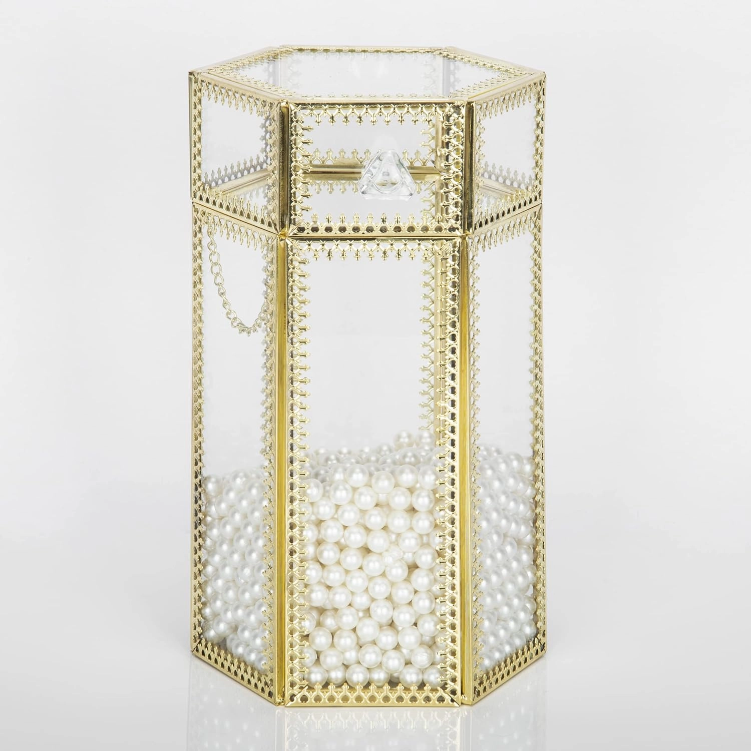 Glass Makeup Brush Holder with Lid Organizer Vintage Cosmetic Hexagonal Display Cases Brush Storage with Free White Pearls - Gold