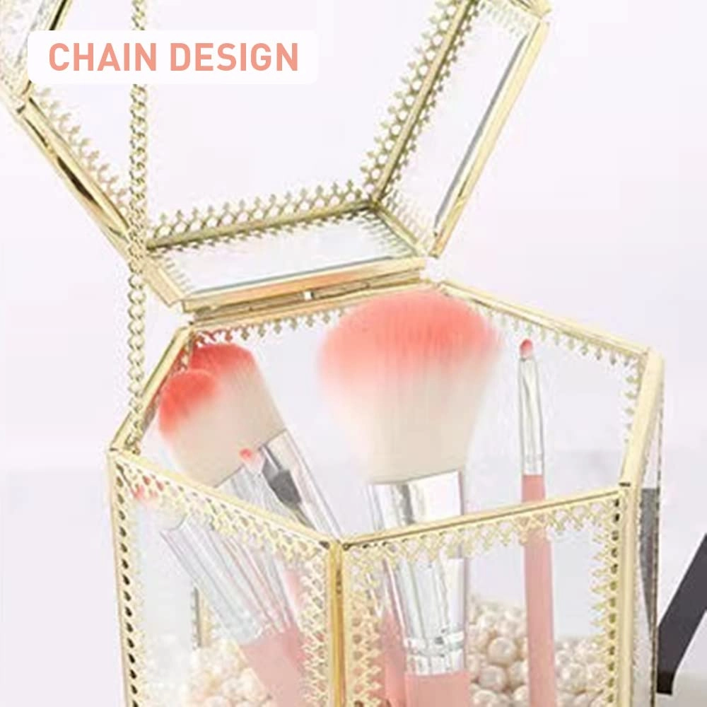 Glass Makeup Brush Holder with Lid Organizer Vintage Cosmetic Hexagonal Display Cases Brush Storage with Free White Pearls - Gold