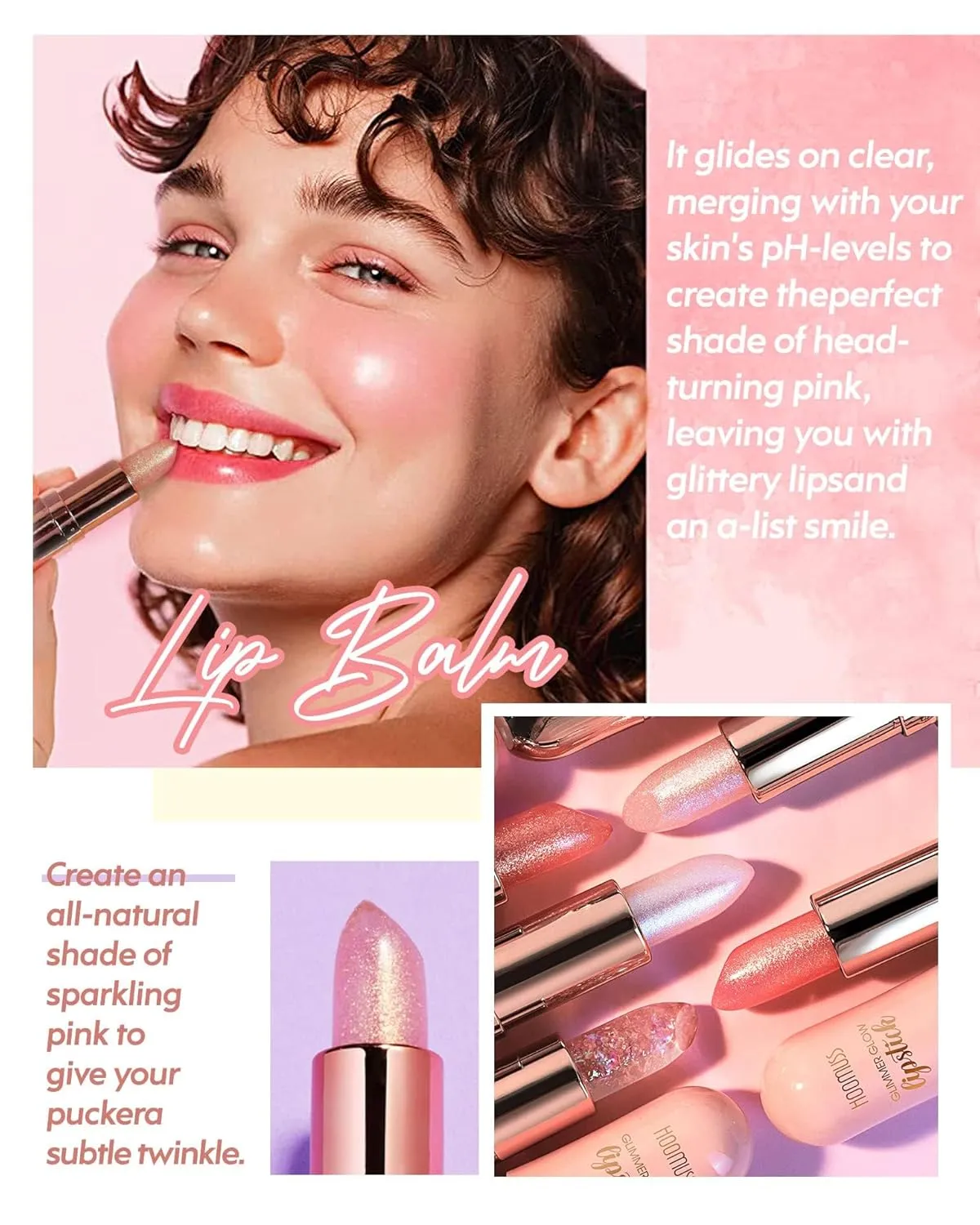 Glimmer Balm Tinted Lip Balm Moisture Hydrate lipsticks PH Lipstick, Color Changing Lipstick Natural Chapstick Glitter Pink Lip Gloss, 3pack