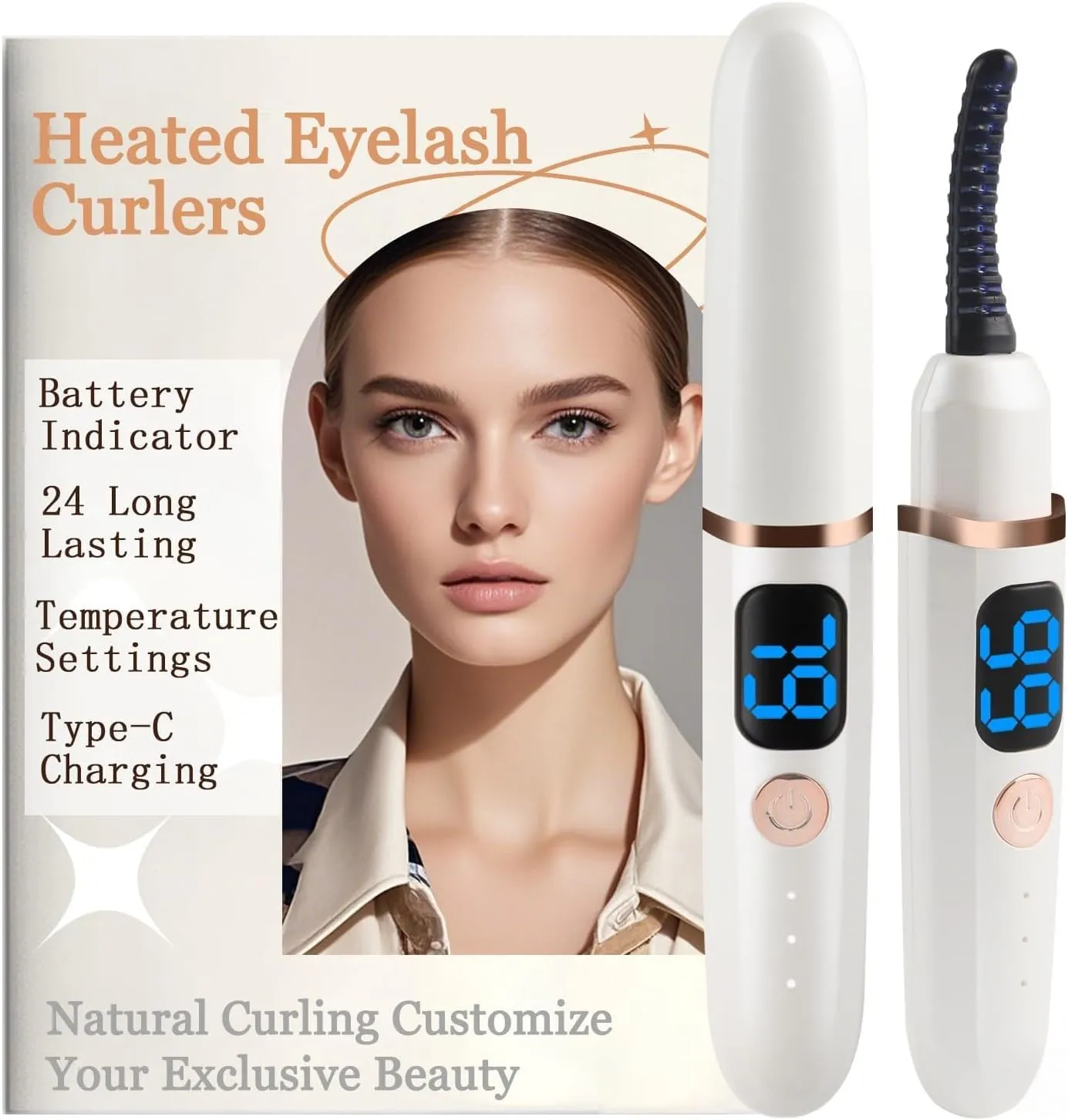 Heated Eyelash Curlers with Battery Indicator, Electric Eyelash Curler 3 Temperature Modes LED Display USB Rechargeable Makeup Tools, Heated Lash Curler Ideal Gift for Women (White)