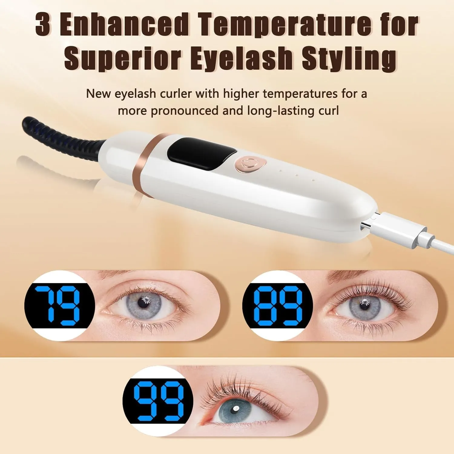 Heated Eyelash Curlers with Battery Indicator, Electric Eyelash Curler 3 Temperature Modes LED Display USB Rechargeable Makeup Tools, Heated Lash Curler Ideal Gift for Women (White)