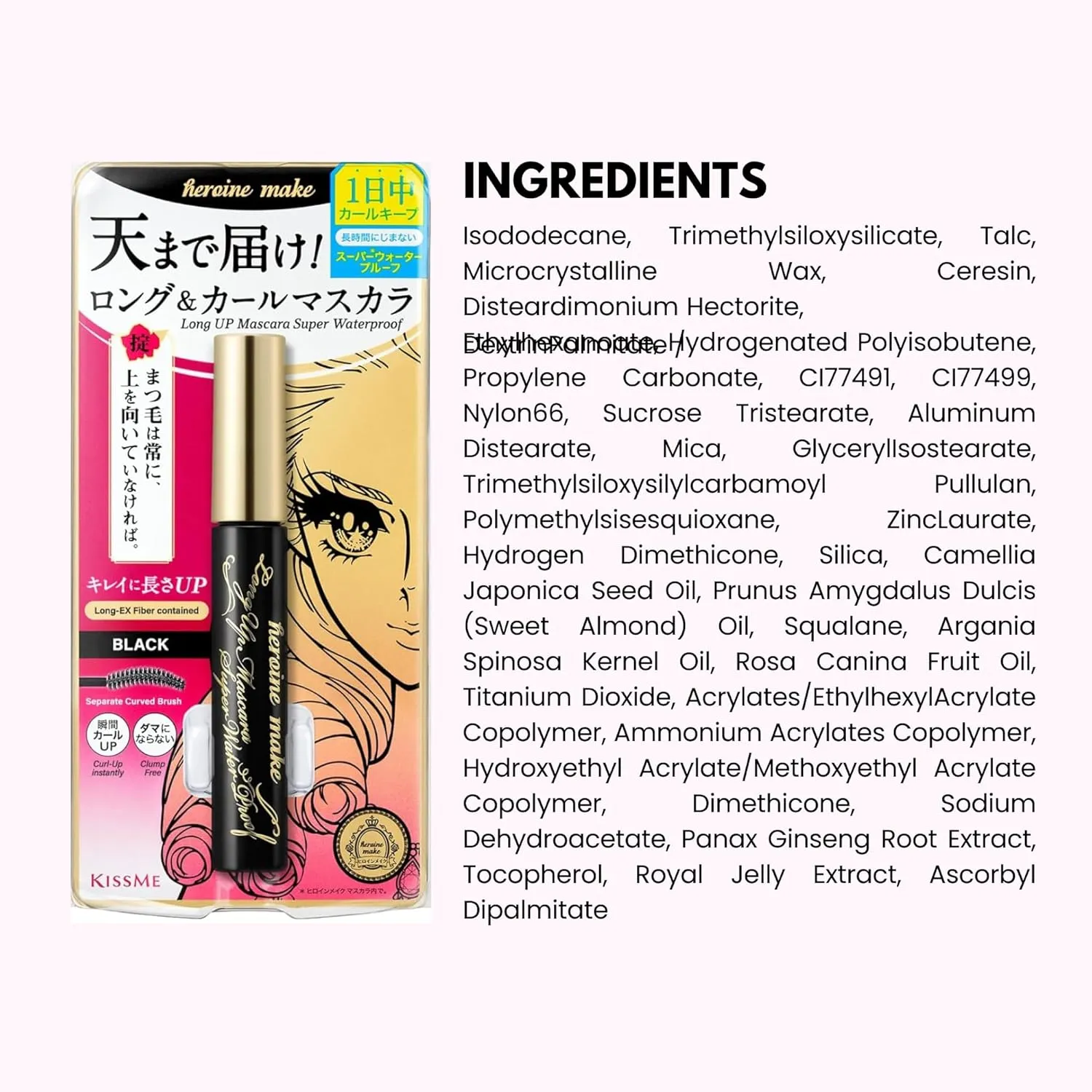HEROINE MAKE by KISSME Long & Curl Up Waterproof Mascara Black, Lengthening & Volume Fiber Tubing Mascara Makeup, WP 01