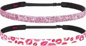 Hipsy Adjustable Non Slip 5/8" Skinny Bling Glitter & Valentine's Day Printed Headband 2-packs for Women Girls and Nurses (Lipstick Kisses & Light Pink Glitter 2pk)