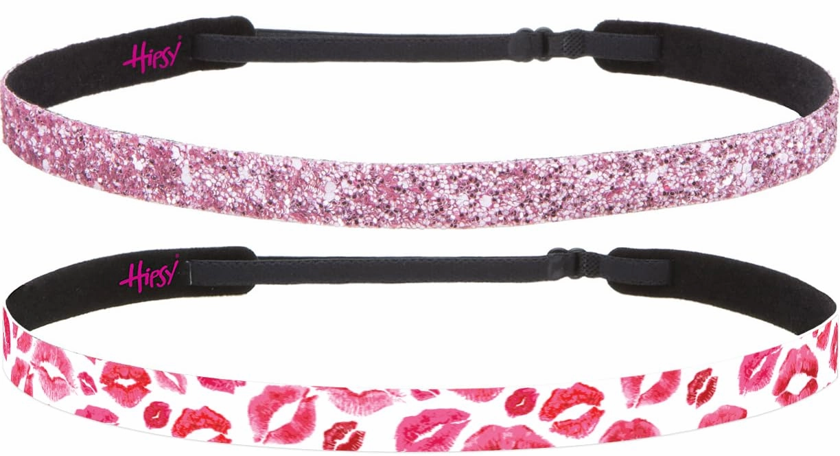 Hipsy Adjustable Non Slip 5/8" Skinny Bling Glitter & Valentine's Day Printed Headband 2-packs for Women Girls and Nurses (Lipstick Kisses & Light Pink Glitter 2pk)