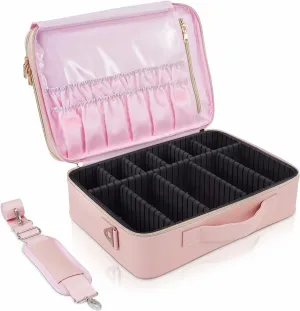 Hododou Large Makeup Case with 3-Layer, Makeup Organizer Bag for Make up Artist, 16 inch Travel Case for Cosmetic Hairstylist Nail Tech, with Elastic Makeup Brush Slots (Pink)