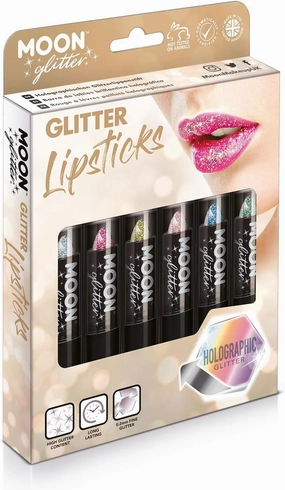 Holographic Glitter Lipstick 0.17oz - Gift Set containing 6 Lipsticks - Silver, Pink, Gold, Rose Gold, Blue & Green