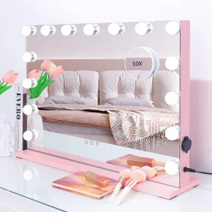 iCREAT Pink Vanity Mirror with Lights - Hollywood Makeup Mirror, 15 Dimmable LED Bulbs, 3 Color Modes, USB Charging, Touch Sensor, Tabletop or Wall-Mounted (23''*18'')