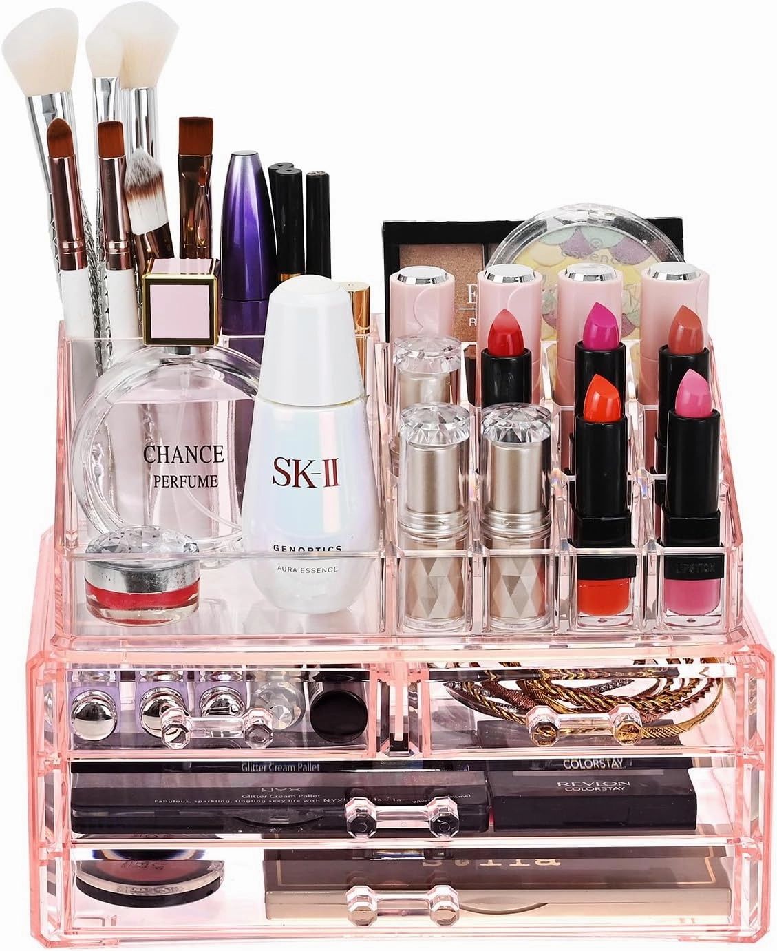 Ikee Design Pink Jewelry & Cosmetic Storage Display Boxes Two Pieces Set, Organizer Makeup Holder, for Vanity