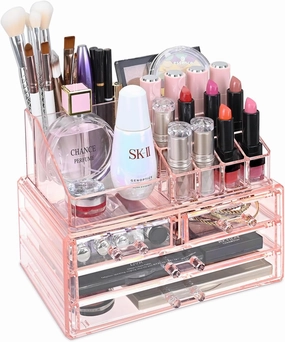 Ikee Design Pink Jewelry & Cosmetic Storage Display Boxes Two Pieces Set, Organizer Makeup Holder, for Vanity