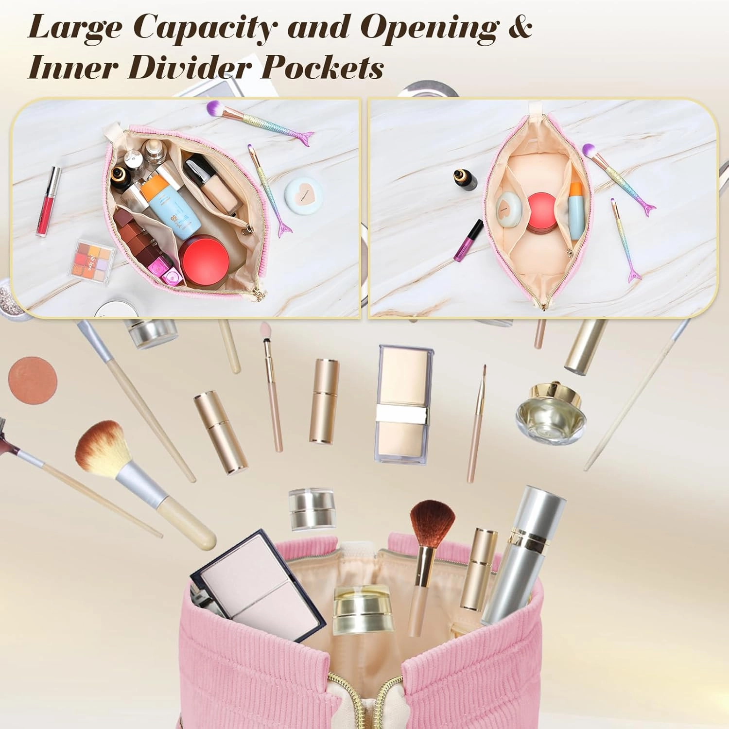 Initial Travel Makeup Bag for Women, Personalized Gift Large Double Layer Make Up Gift Cute Cosmetic Bag for Girl Makeup Pouch Wide-open Roomy Makeup Travel Bags Birthday Gifts for Her Pink - J