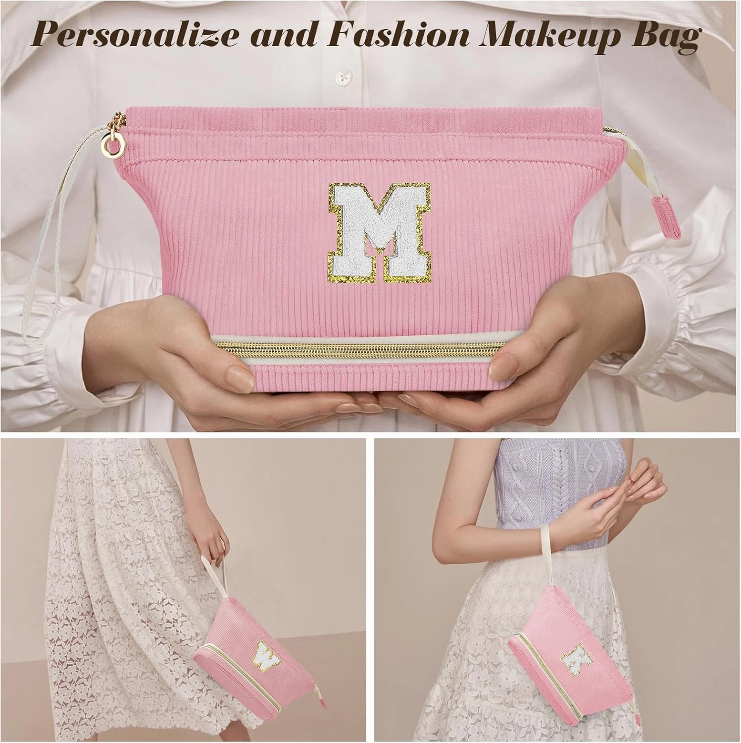Initial Travel Makeup Bag for Women, Personalized Gift Large Double Layer Make Up Gift Cute Cosmetic Bag for Girl Makeup Pouch Wide-open Roomy Makeup Travel Bags Birthday Gifts for Her Pink - J