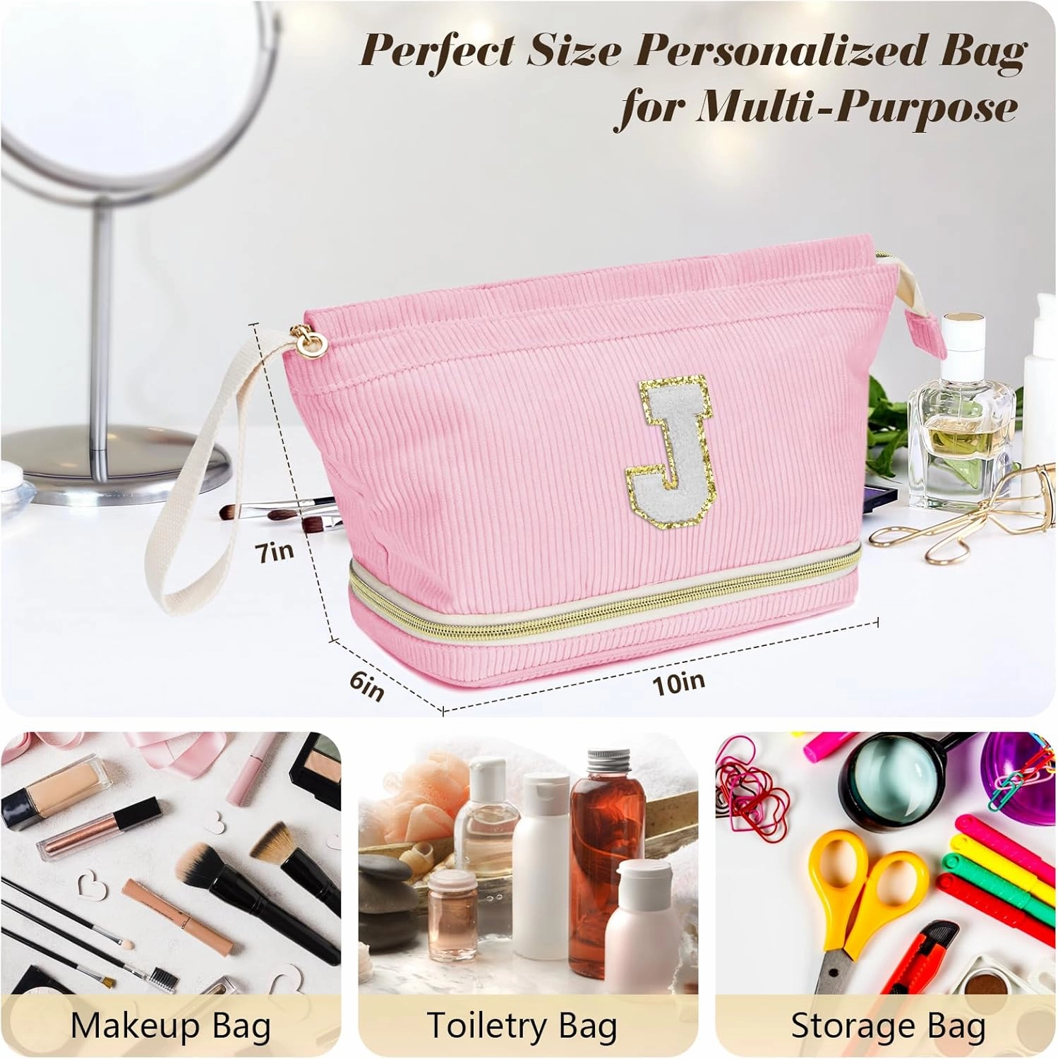 Initial Travel Makeup Bag for Women, Personalized Gift Large Double Layer Make Up Gift Cute Cosmetic Bag for Girl Makeup Pouch Wide-open Roomy Makeup Travel Bags Birthday Gifts for Her Pink - J