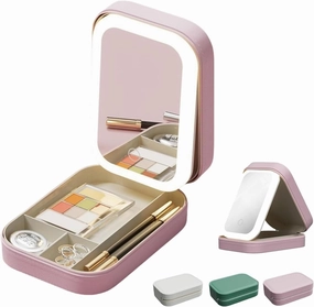 Integrated makeup storage box with LED mirror, cosmetic bag with mirror, makeup bag, makeup bag with mirror and light - 3 color modes, portable travel cosmetic case organizer, makeup case (Pink)