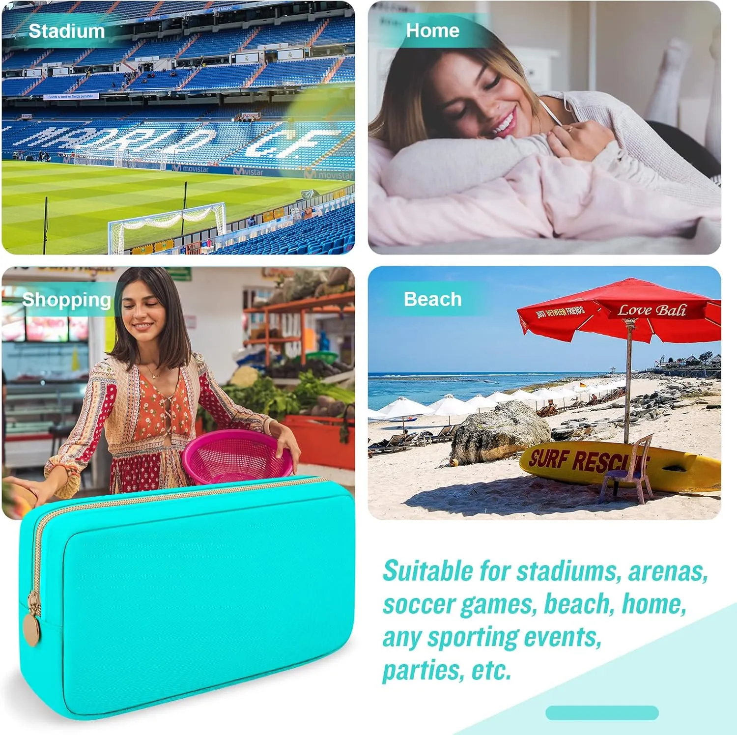 Iqimott Nylon Small Makeup Bag Cosmetic Zipper Pouch for Purse, Preppy Makeup Bag Compact Make up Pouch Toiletry Bag, Waterproof Zipper Purse Travel Coin Pouch Storage Bag for Women Girls Teens(Cyan)