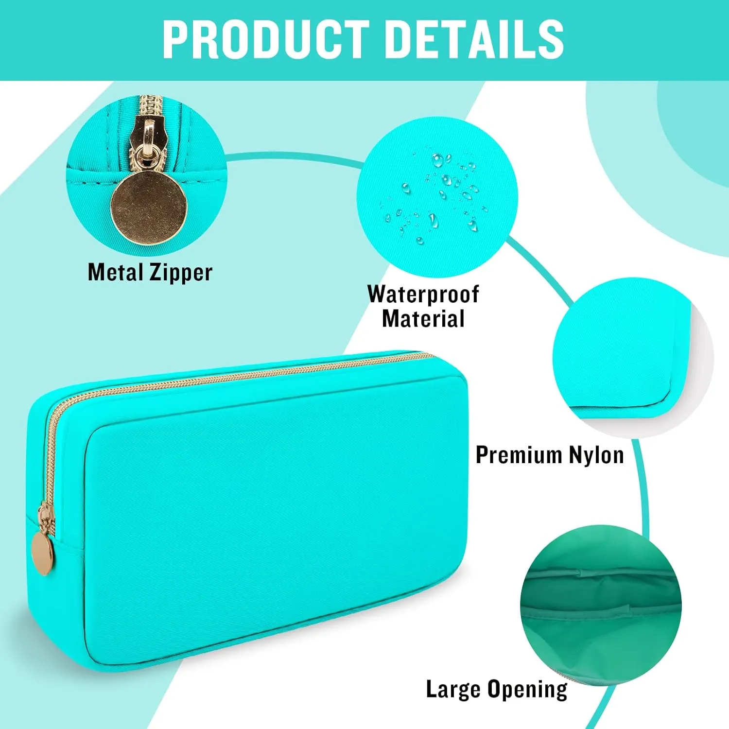 Iqimott Nylon Small Makeup Bag Cosmetic Zipper Pouch for Purse, Preppy Makeup Bag Compact Make up Pouch Toiletry Bag, Waterproof Zipper Purse Travel Coin Pouch Storage Bag for Women Girls Teens(Cyan)