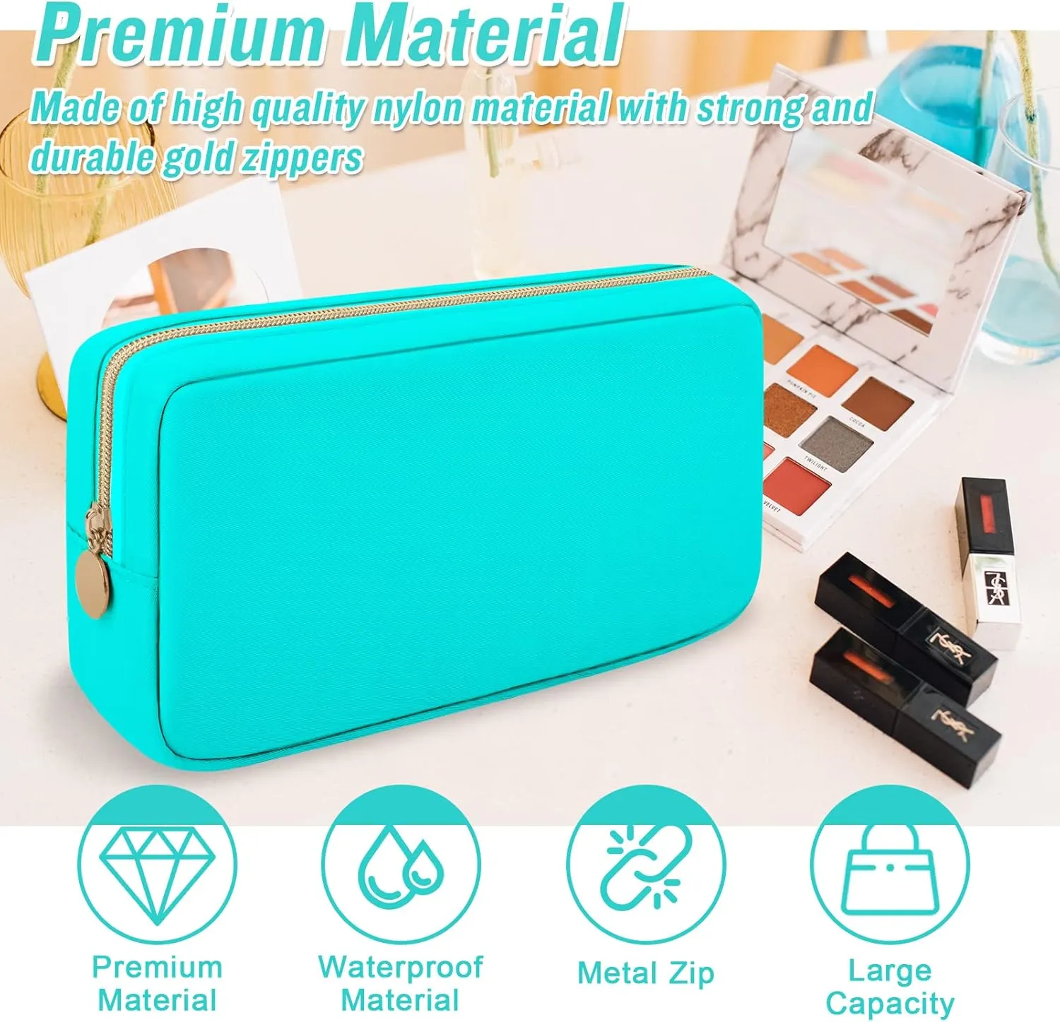 Iqimott Nylon Small Makeup Bag Cosmetic Zipper Pouch for Purse, Preppy Makeup Bag Compact Make up Pouch Toiletry Bag, Waterproof Zipper Purse Travel Coin Pouch Storage Bag for Women Girls Teens(Cyan)