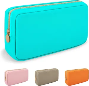 Iqimott Nylon Small Makeup Bag Cosmetic Zipper Pouch for Purse, Preppy Makeup Bag Compact Make up Pouch Toiletry Bag, Waterproof Zipper Purse Travel Coin Pouch Storage Bag for Women Girls Teens(Cyan)