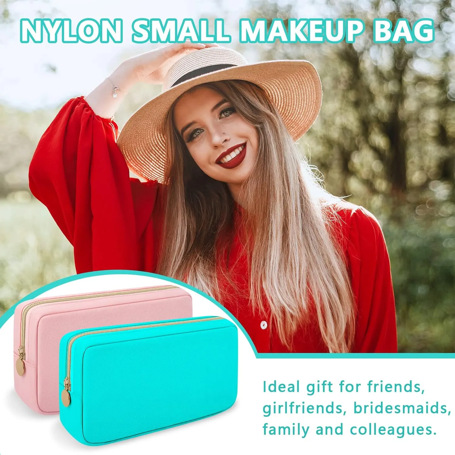 Iqimott Nylon Small Makeup Bag Cosmetic Zipper Pouch for Purse, Preppy Makeup Bag Compact Make up Pouch Toiletry Bag, Waterproof Zipper Purse Travel Coin Pouch Storage Bag for Women Girls Teens(Cyan)