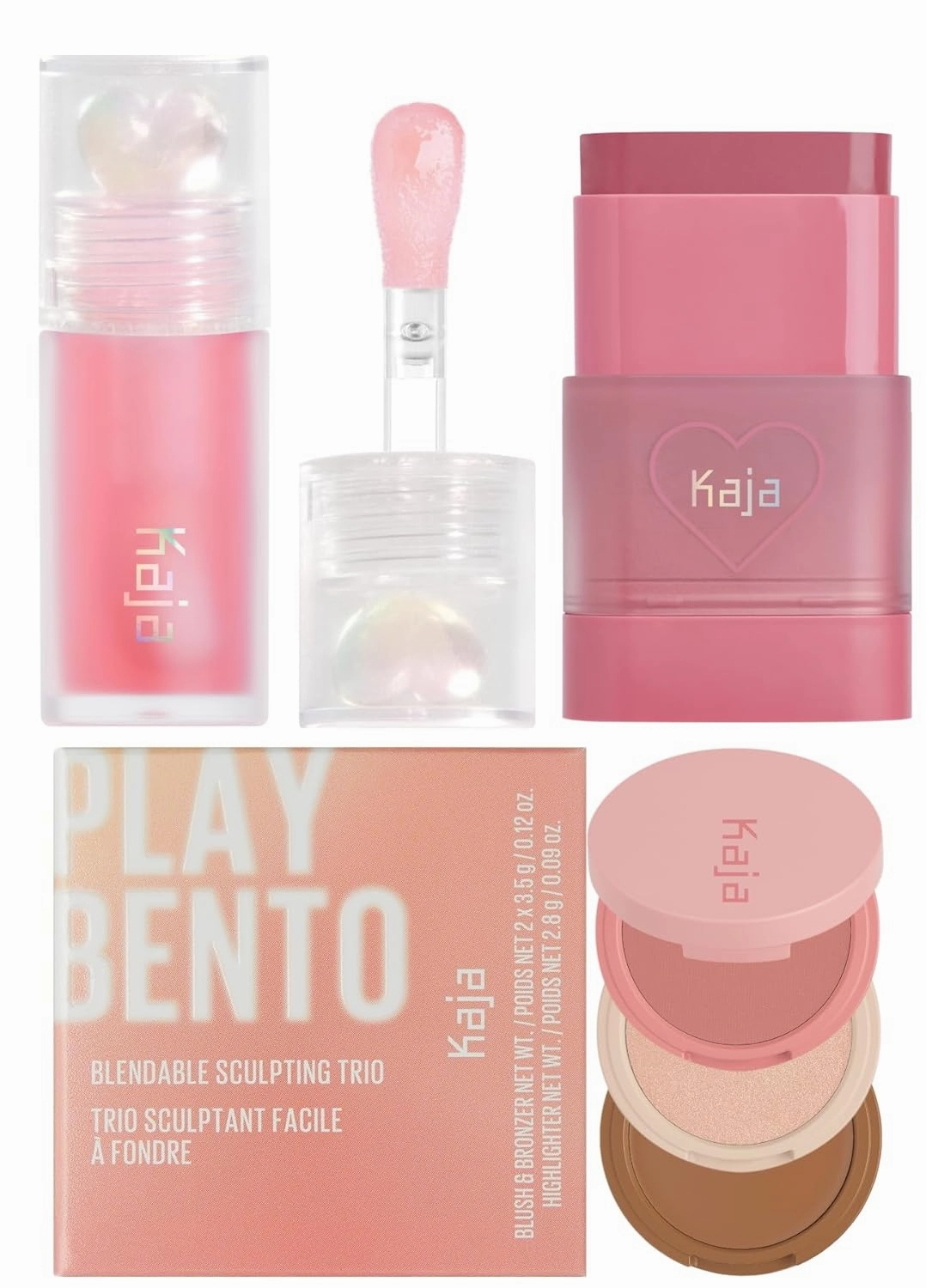Kaja Juicy Glass Lip Oil 01 Rose Hip Spritz   Dewy Bar - Creamy Multi-Stick Blusher & Lip Balm 04 Fig Smoothie Sorbet,10g   3-in-1 Blendable Sculpting Trio - Play Bento 01 Butter Up Bundle