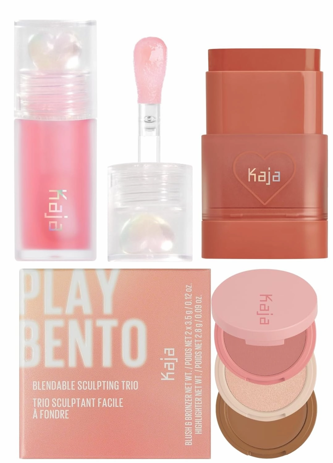 Kaja Juicy Glass Lip Oil 01 Rose Hip Spritz   Dewy Bar - Creamy Multi-Stick Blusher & Lip Balm 05 Cranberry Cooler,10g   3-in-1 Blendable Sculpting Trio - Play Bento 01 Butter Up Bundle