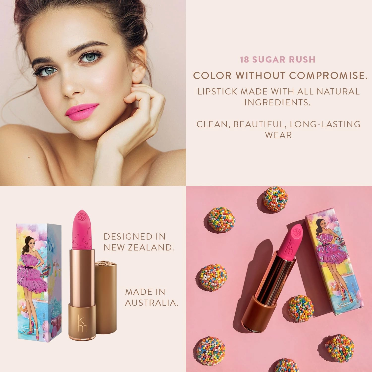Karen Murrell - Natural Lip Stick - Lipstick 18 Sugar Rush - Hot Pink Lipstick - Matte Finish, 100% Natural Ingredients, Moisturizes & Hydrates Lips - Paraben & Cruelty Free