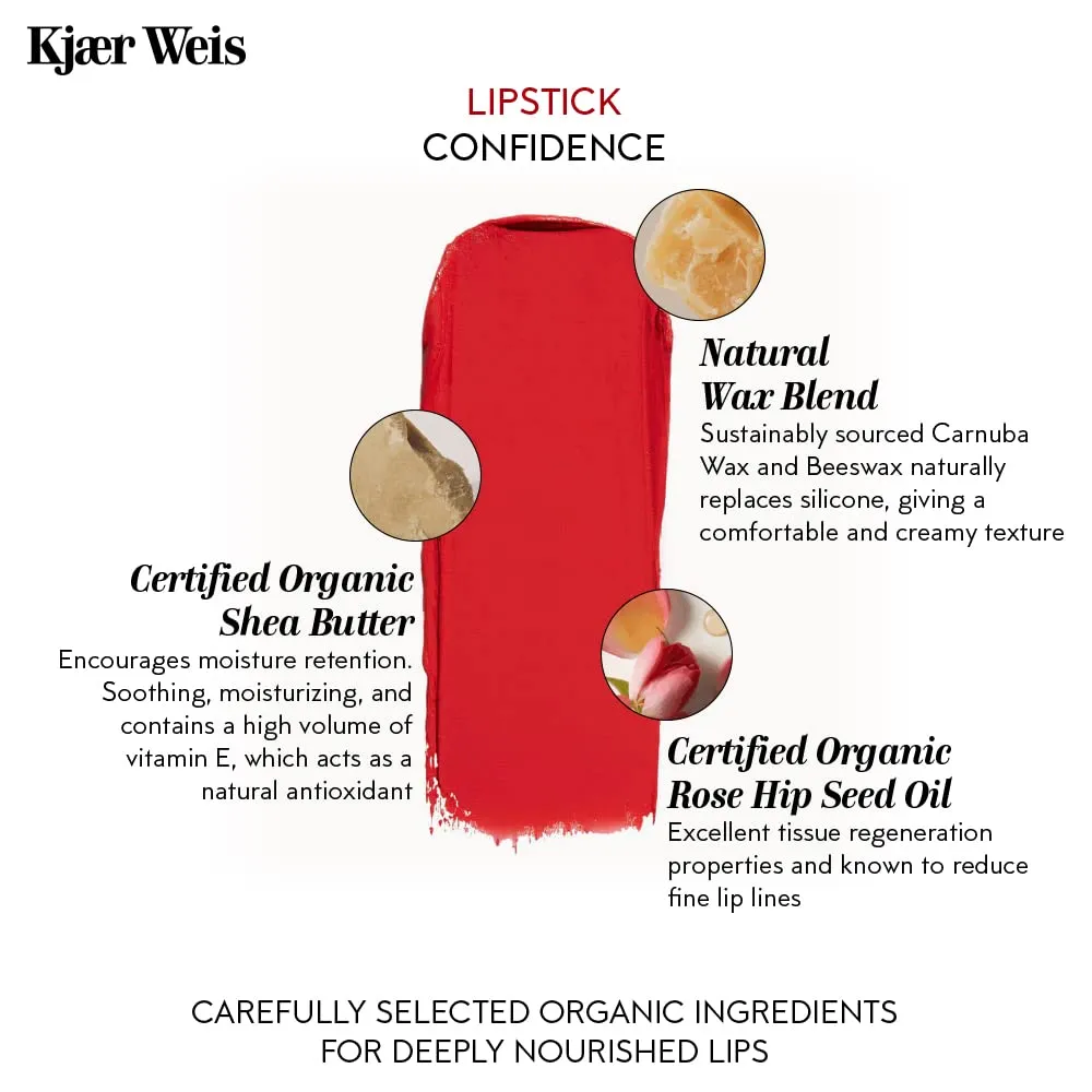 Kjaer Weis Lipstick. Hydrating Nude Lip Color with Soft Satin Finish. Organic, Nourishing Ingredients for Long Lasting Lipstick with Smudge-Proof Wear. Cruelty Free Clean Makeup