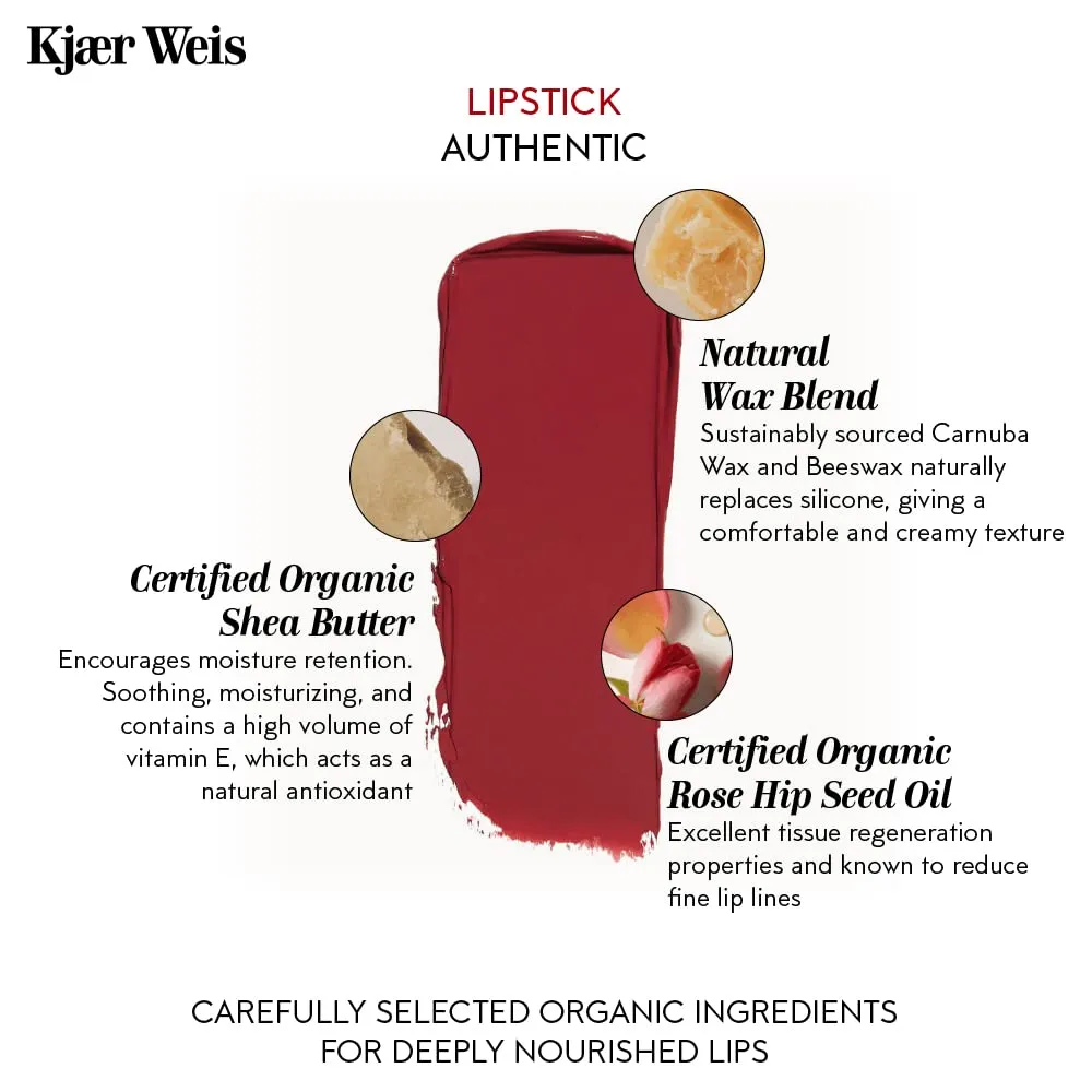 Kjaer Weis Lipstick. Hydrating Nude Lip Color with Soft Satin Finish. Organic, Nourishing Ingredients for Long Lasting Lipstick with Smudge-Proof Wear. Cruelty Free Clean Makeup