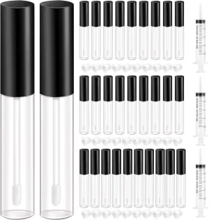 KPX 30 Pcs lip Gloss Tube Containers Bulk Wand 10ml Empty Clear Pink Lip Oil Tubes Refillable Lip Balm Bottles with Rubber Insert for DIY Makeup Such as Lip Samples, Homemade Lip Balm(Black)