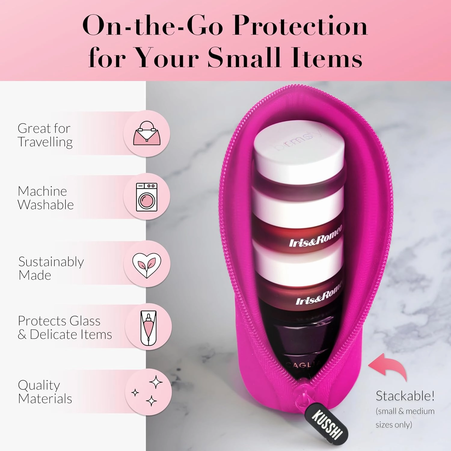 KUSSHI Neoprene Mini Makeup Pouch for Purse and Travel - Small Travel Pouch for Delicate Bottles and Beauty Items - For Foundations, Serums, Perfumes and More - Small Purse Pouch (Size XL, Pink)