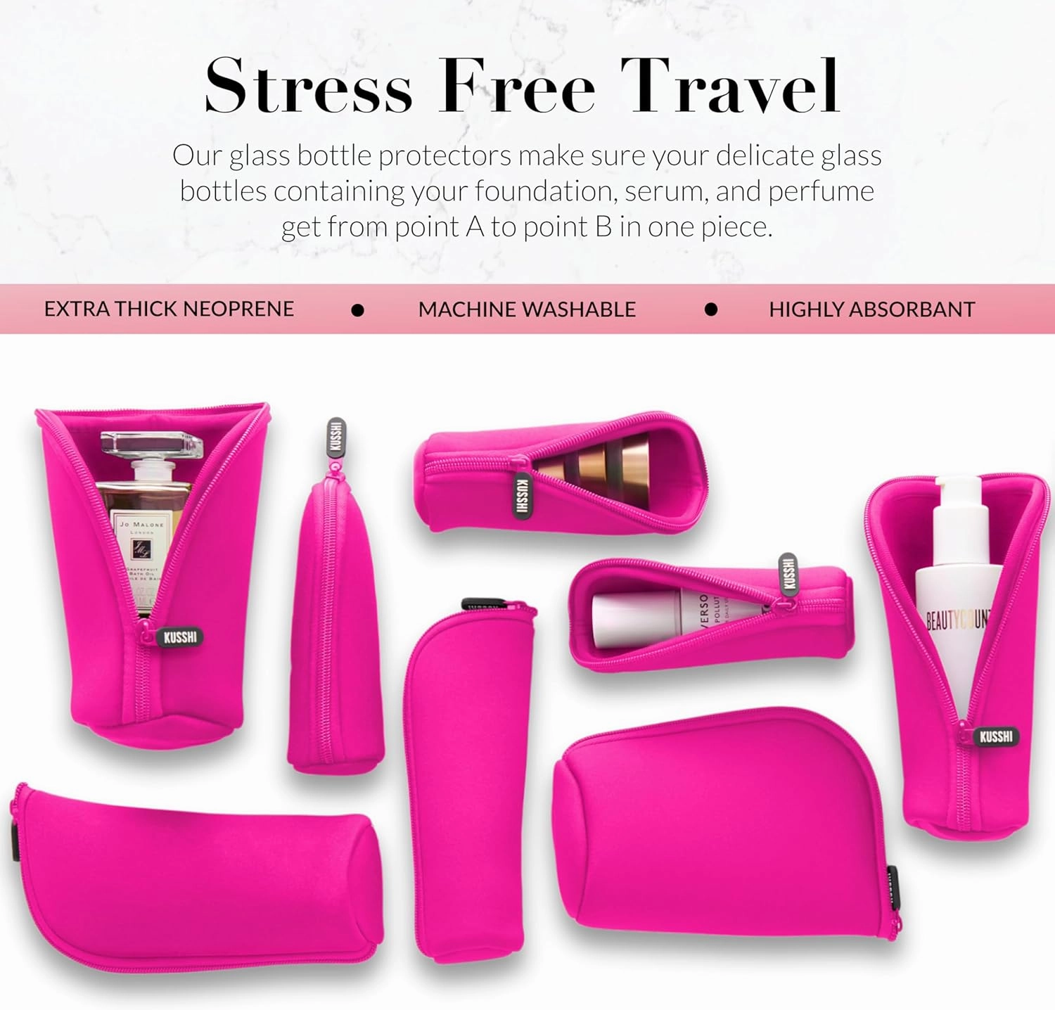 KUSSHI Neoprene Mini Makeup Pouch for Purse and Travel - Small Travel Pouch for Delicate Bottles and Beauty Items - For Foundations, Serums, Perfumes and More - Small Purse Pouch (Size XL, Pink)