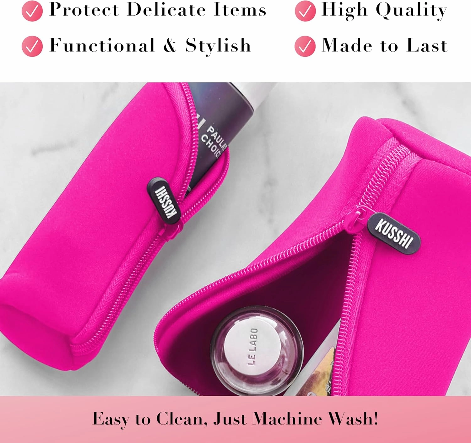 KUSSHI Neoprene Mini Makeup Pouch for Purse and Travel - Small Travel Pouch for Delicate Bottles and Beauty Items - For Foundations, Serums, Perfumes and More - Small Purse Pouch (Size XL, Pink)