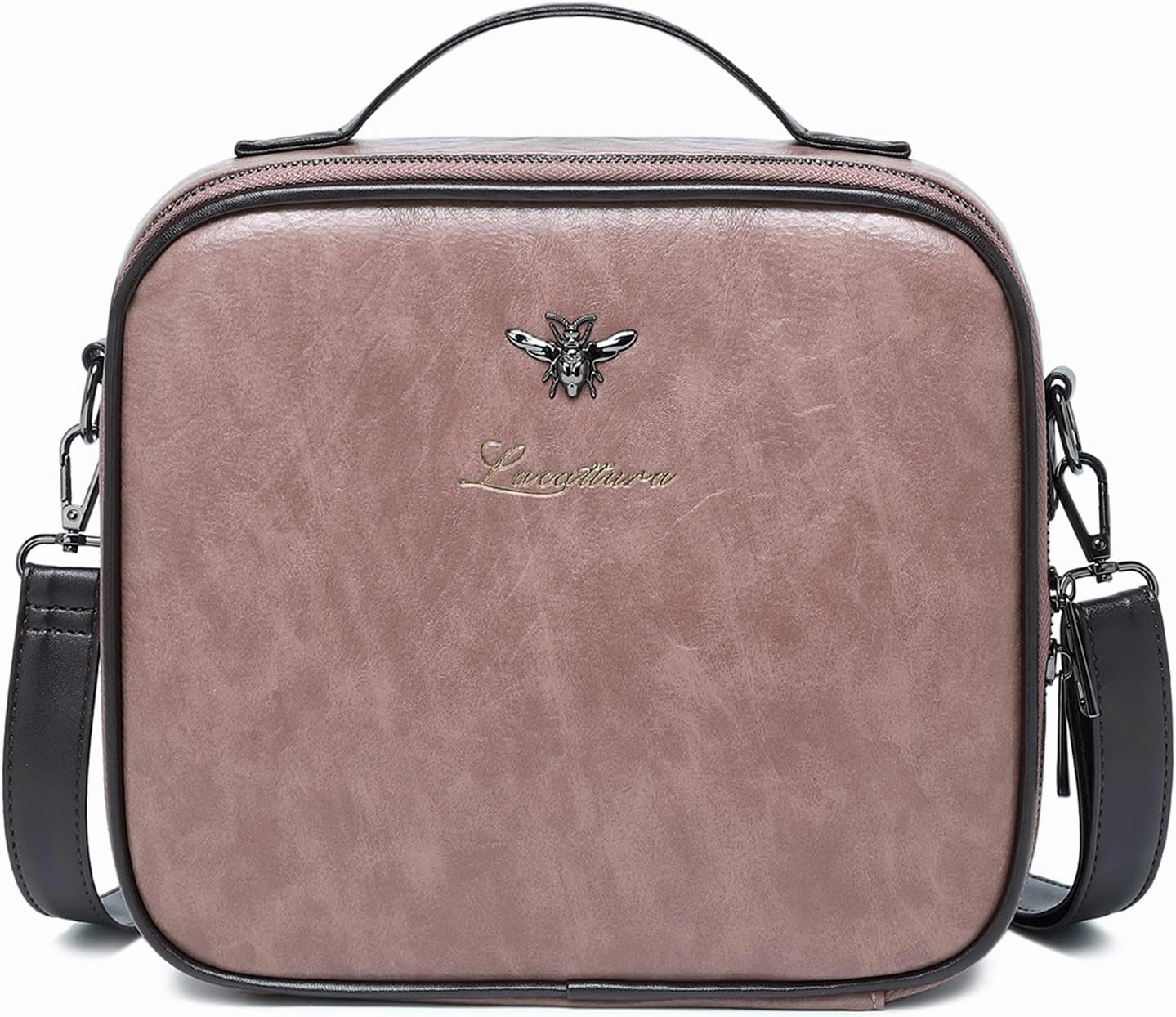 LACATTURA Travel Makeup bag, Leather Makeup Train Case Cosmetic Organizer for Makeup Brushes Toiletry Digital Accessories, Portable Artist Storage Bag With Shoulder Strap for Women lady Pink