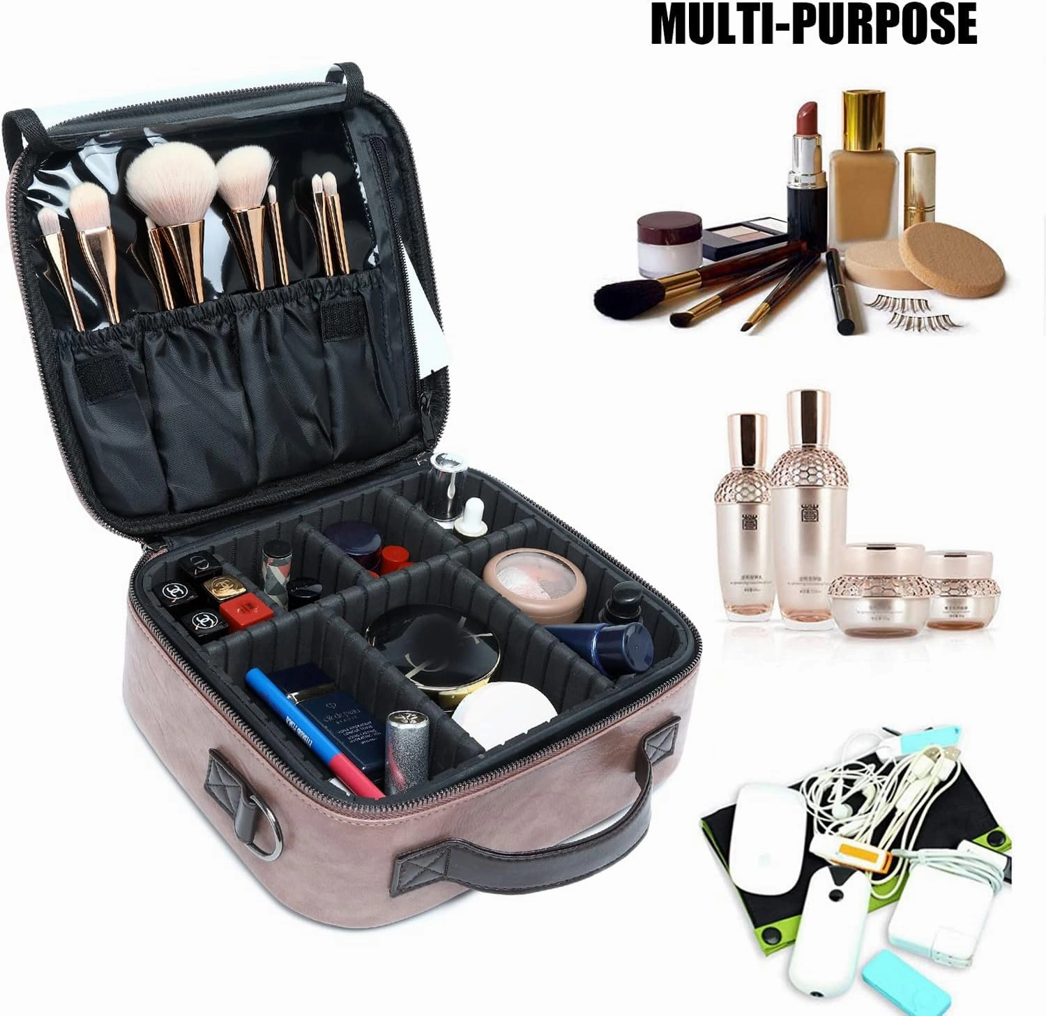 LACATTURA Travel Makeup bag, Leather Makeup Train Case Cosmetic Organizer for Makeup Brushes Toiletry Digital Accessories, Portable Artist Storage Bag With Shoulder Strap for Women lady Pink