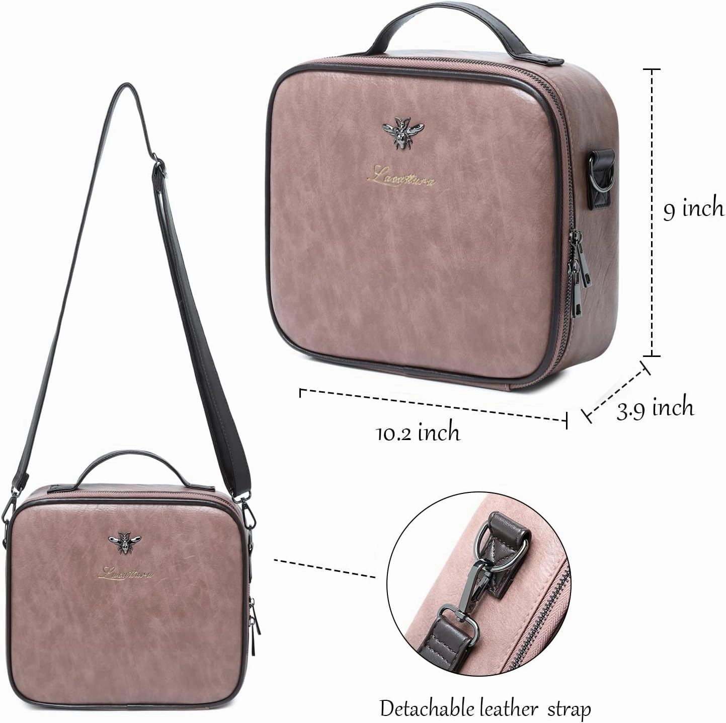 LACATTURA Travel Makeup bag, Leather Makeup Train Case Cosmetic Organizer for Makeup Brushes Toiletry Digital Accessories, Portable Artist Storage Bag With Shoulder Strap for Women lady Pink
