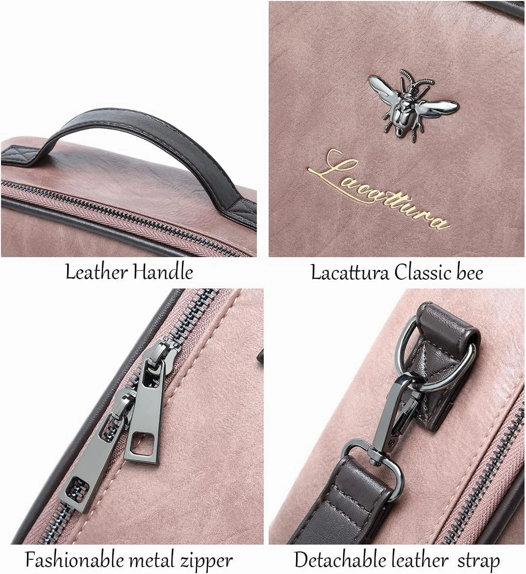 LACATTURA Travel Makeup bag, Leather Makeup Train Case Cosmetic Organizer for Makeup Brushes Toiletry Digital Accessories, Portable Artist Storage Bag With Shoulder Strap for Women lady Pink