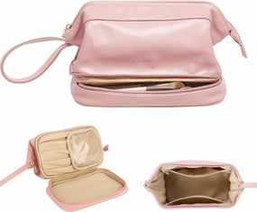 Large Makeup Bag, Double Layer Cosmetic Bag, Leather Make Up Bag with Brush Organizer, Portable Travel Makeup Bag, Makeup Organizer Bag Toiletry Bag for Women and Girls (Pink)