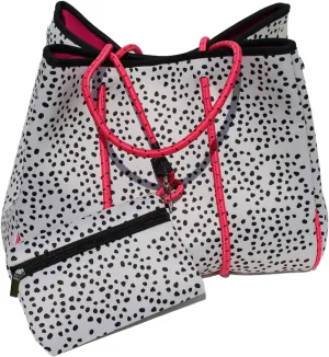 Leopard Neoprene Tote | Beach Tote, Gym Bag | Matching Zipper Pouch Included | White with Black Dots Design