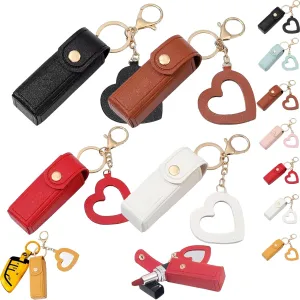 Lip Oil Keychain - Mirror & Oil 2-in-1, Portable Lip Balm Holder, Lip Oil Keychain with Mirror, PU Leather Potable lip Gloss Holder for Car/Travel Storage, for Women & Girls (4PCS-B)