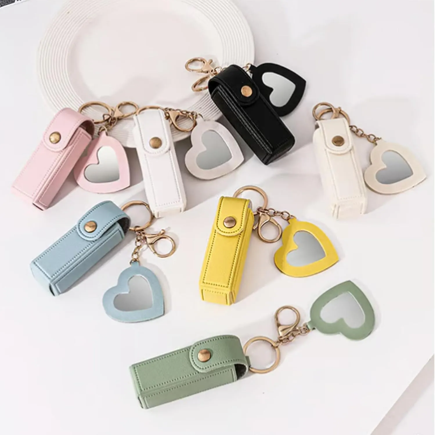 Lip Oil Keychain - Mirror & Oil 2-in-1, Portable Lip Balm Holder, Lip Oil Keychain with Mirror, PU Leather Potable lip Gloss Holder for Car/Travel Storage, for Women & Girls (4PCS-B)