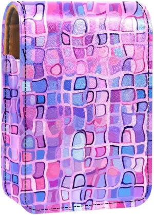 Lipstick Case,Leather Lip Gloss Lipstick Organizer with Mirror,Mini Lipstick Holder Bag,Bright Pink Pattern Purple