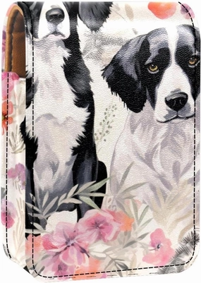 Lipstick Case,Leather Lip Gloss Lipstick Organizer with Mirror,Mini Lipstick Holder Bag,Dog Flower Pink Plant Floral