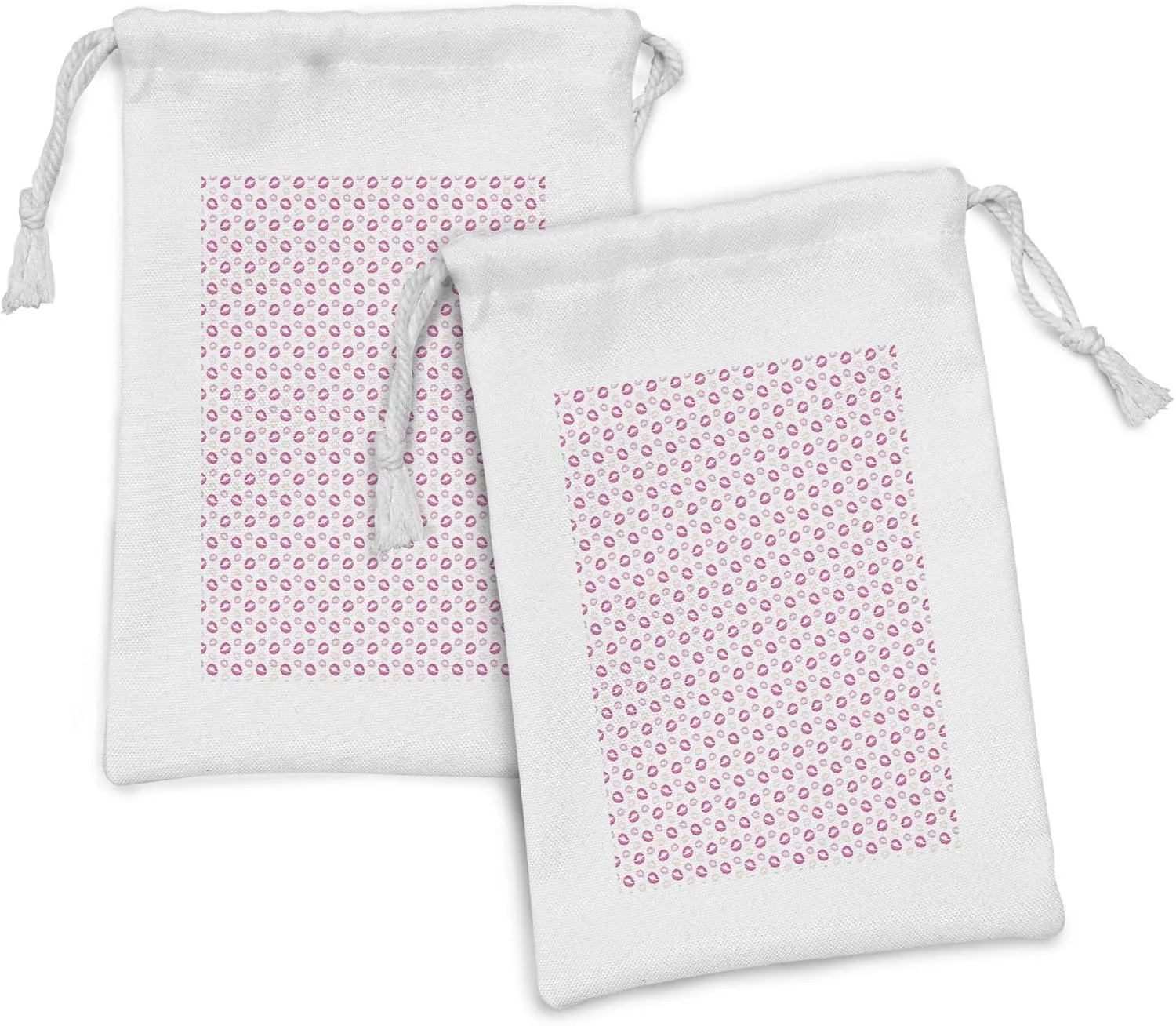 Lunarable Kiss Fabric Pouch Set of 2, Grunge Looking Lipstick Prints Cosmetics Makeup Romantic Valentines Day, Small Drawstring Bag for Toiletries Masks and Favors, 9" x 6", Pale Peach Pale Pink