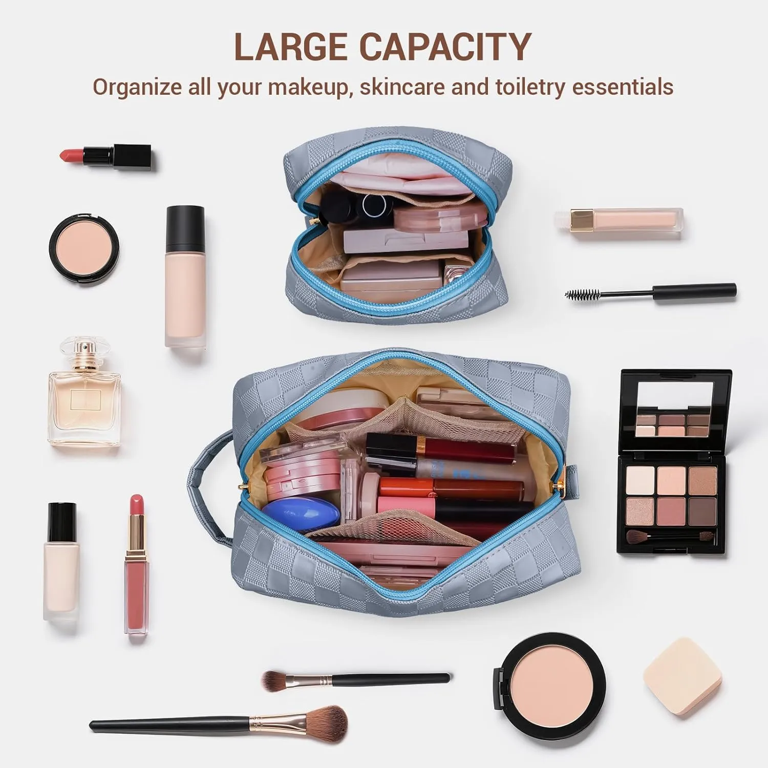 MAGEFY 2Pcs Makeup Bag, Cute Checkered Pouch with Handle, Leather Travel Makeup Pouches for purse Make Up Bag for Cosmetic, Lipstick,Blue Haze
