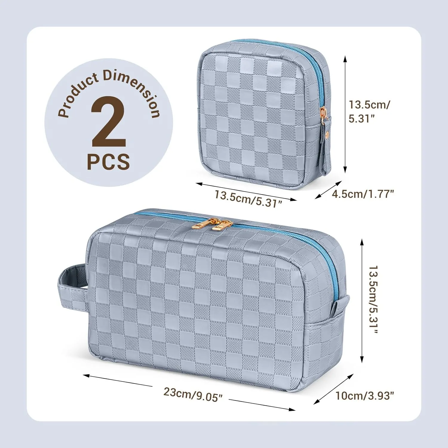 MAGEFY 2Pcs Makeup Bag, Cute Checkered Pouch with Handle, Leather Travel Makeup Pouches for purse Make Up Bag for Cosmetic, Lipstick,Blue Haze