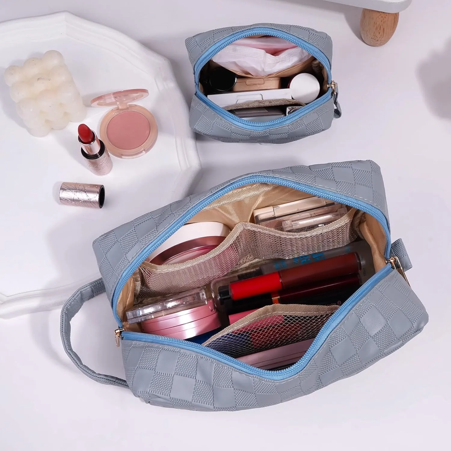 MAGEFY 2Pcs Makeup Bag, Cute Checkered Pouch with Handle, Leather Travel Makeup Pouches for purse Make Up Bag for Cosmetic, Lipstick,Blue Haze