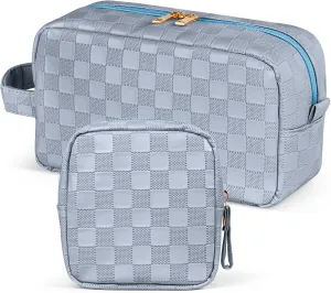 MAGEFY 2Pcs Makeup Bag, Cute Checkered Pouch with Handle, Leather Travel Makeup Pouches for purse Make Up Bag for Cosmetic, Lipstick,Blue Haze