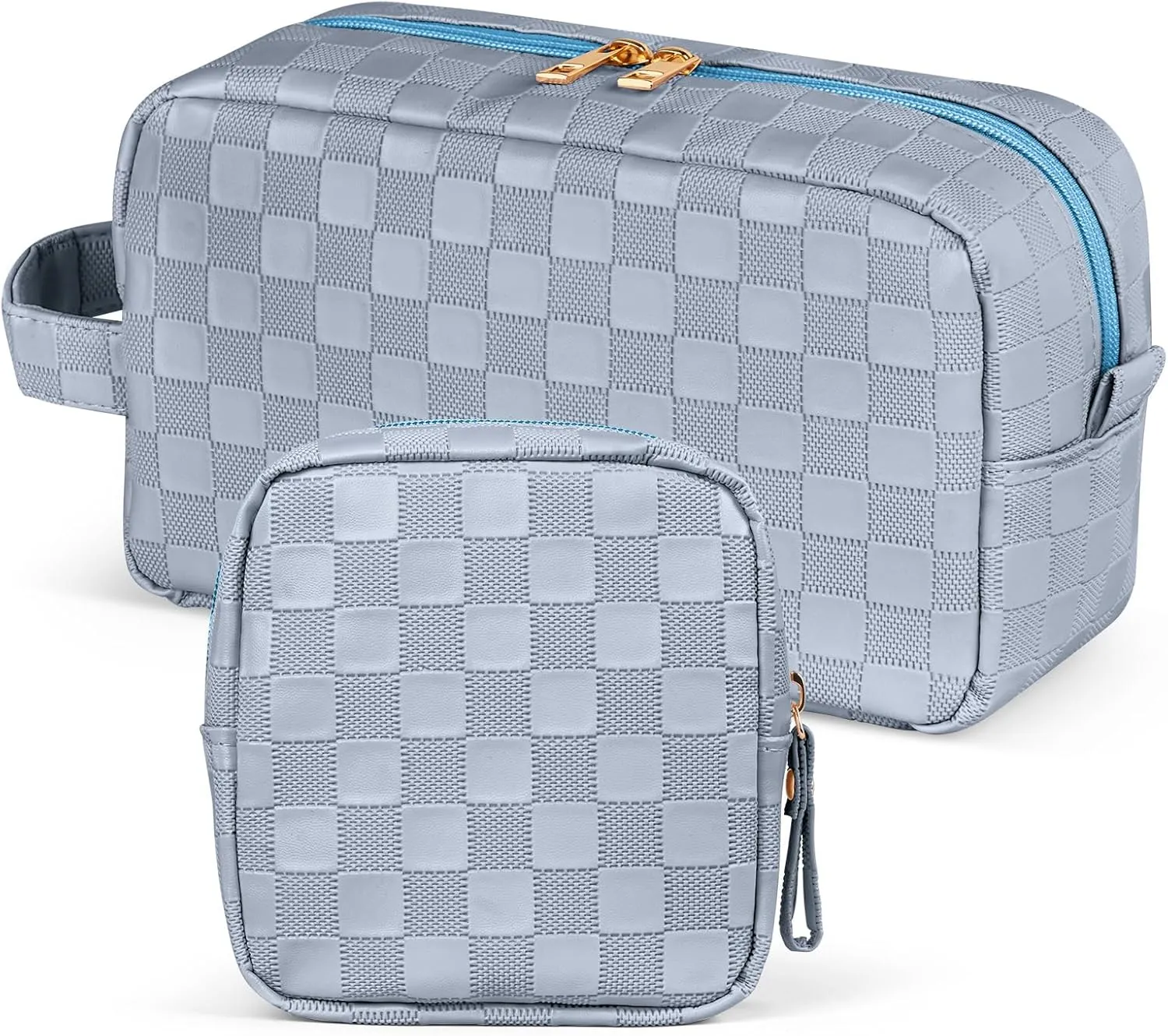 MAGEFY 2Pcs Makeup Bag, Cute Checkered Pouch with Handle, Leather Travel Makeup Pouches for purse Make Up Bag for Cosmetic, Lipstick,Blue Haze