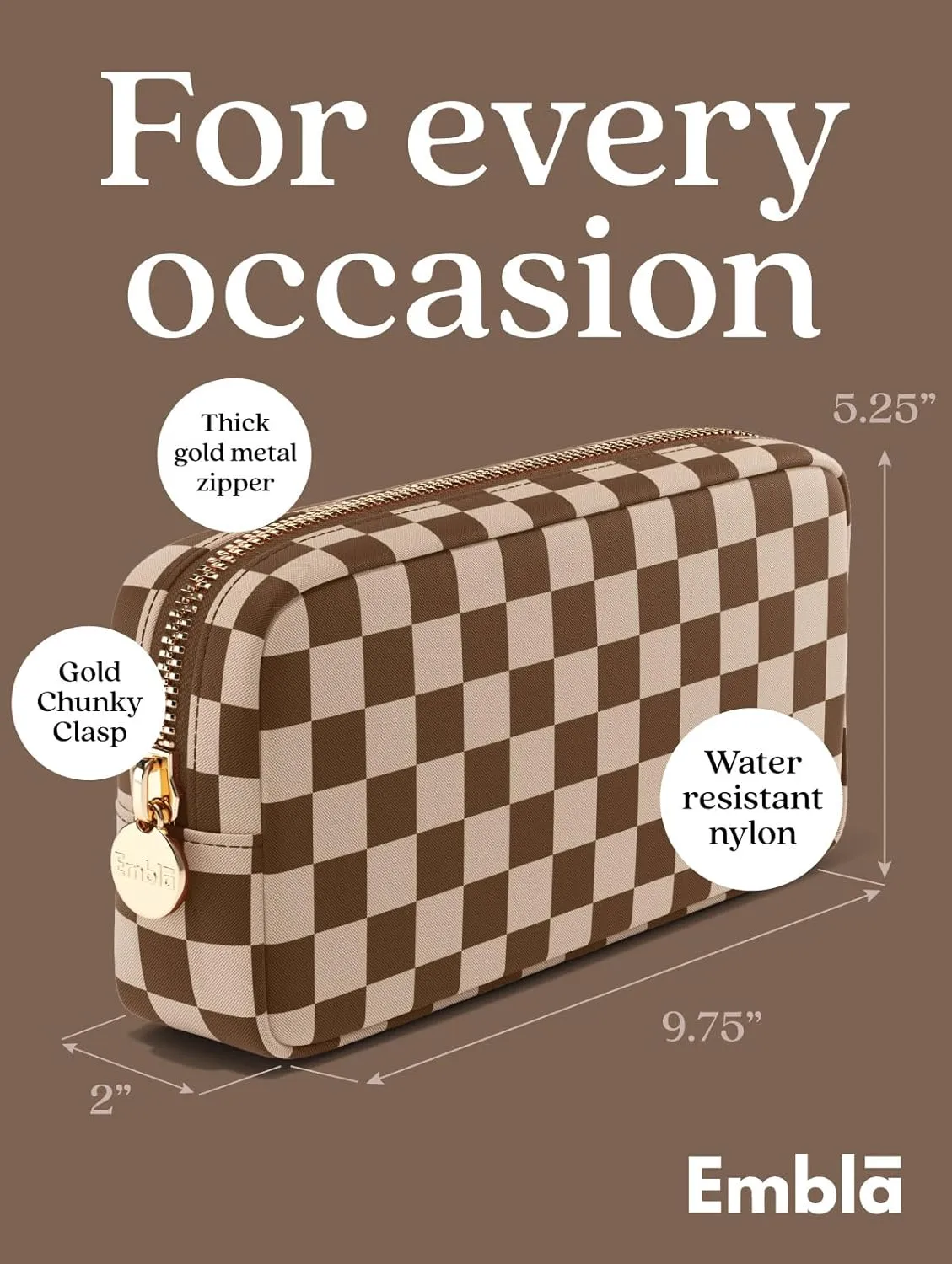 Makeup Bag Travel Cosmetics Pouch and Toiletry Bag, Nylon Zipper Pouch Purse, Cute Make Up Organizer Storage Tote for Women Girls, Travel Skincare Case, Small Makeup Case, Chocolate Sand Checkered